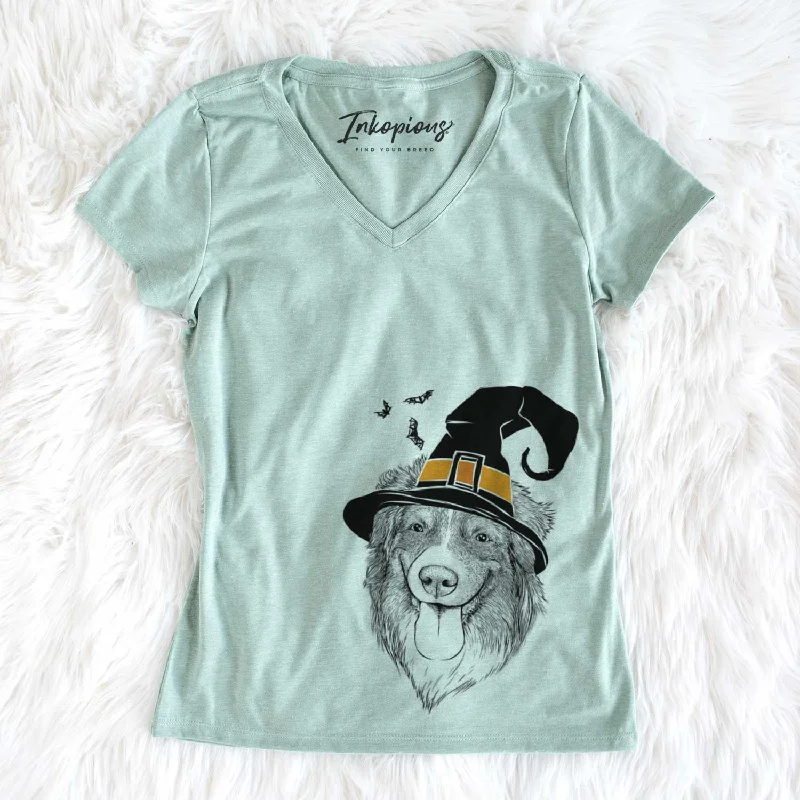 Witch Siena the Australian Shepherd - Women's V-neck Shirt-- Welt Pockets Slit Pockets Witch Siena the Australian Shepherd - Women's V-neck Shirt-- Welt Pockets Slit Pockets