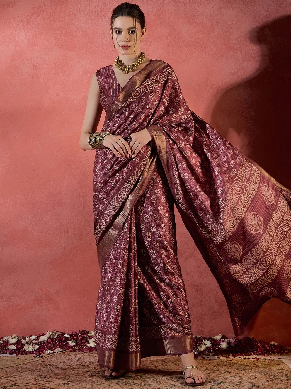 Women's Silk Blend Burgundy Printed Designer Saree With Blouse Piece Versatile Layering Blouse