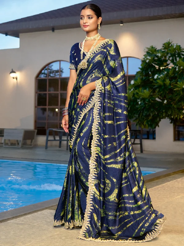 Women's Chiffon Navy Blue Embellished Designer Saree With Blouse Piece Side Tie Blouse