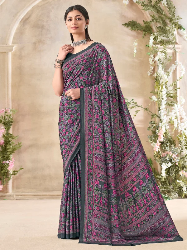 Women's Crepe Black Printed Designer Saree With Blouse Piece Boho Printed Blouse