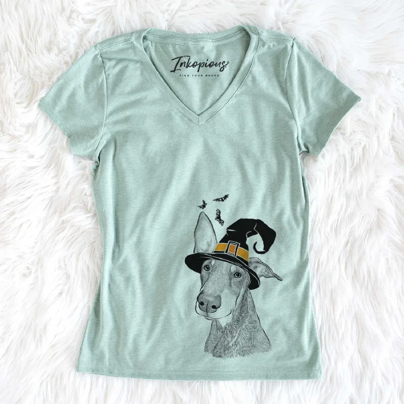 Witch Kain the Doberman Pinscher - Women's V-neck Shirt-- Graphic T-Shirt Round Neck Polyester