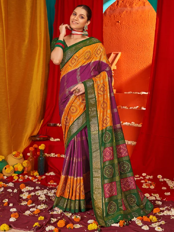 Women's Tussar Silk Green Woven Design Designer Saree With Blouse Piece Puff Sleeve Blouse