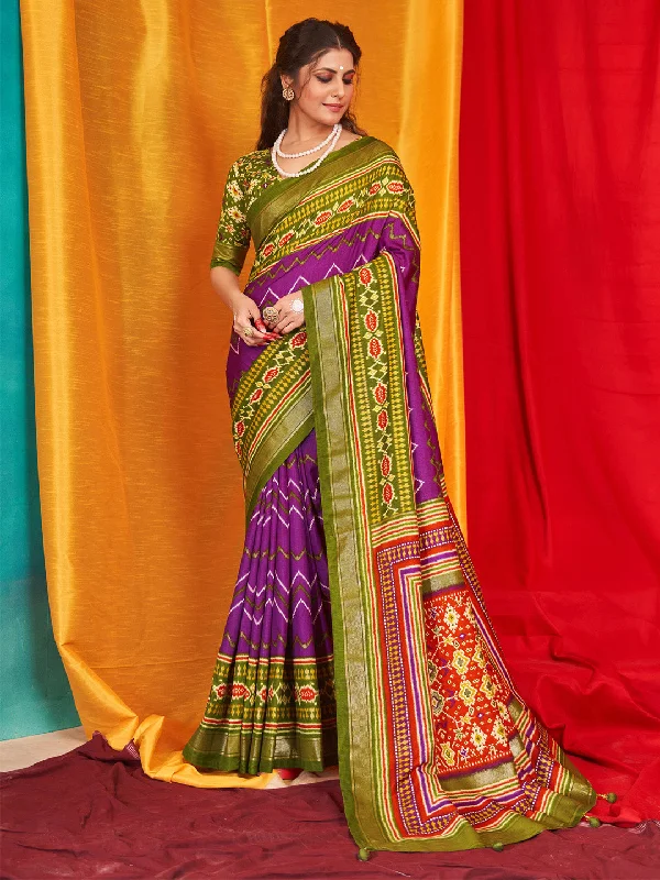Women's Tussar Silk Olive Printed Designer Saree With Blouse Piece Backless Summer Blouse