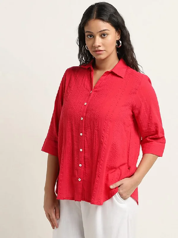 Gia Red Seersucker Shirt-- Elasticated Padded Insulated