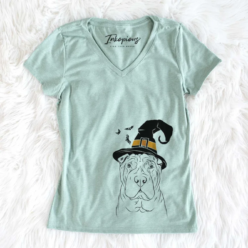 Witch Sharpy the Shar Pei - Women's V-neck Shirt-- Handmade Hand-knitted Hand-woven
