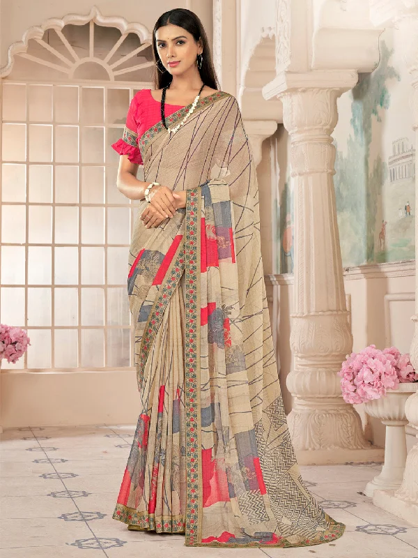 Women's Chiffon Pink Embellished Designer Saree With Blouse Piece Floral Print Blouse