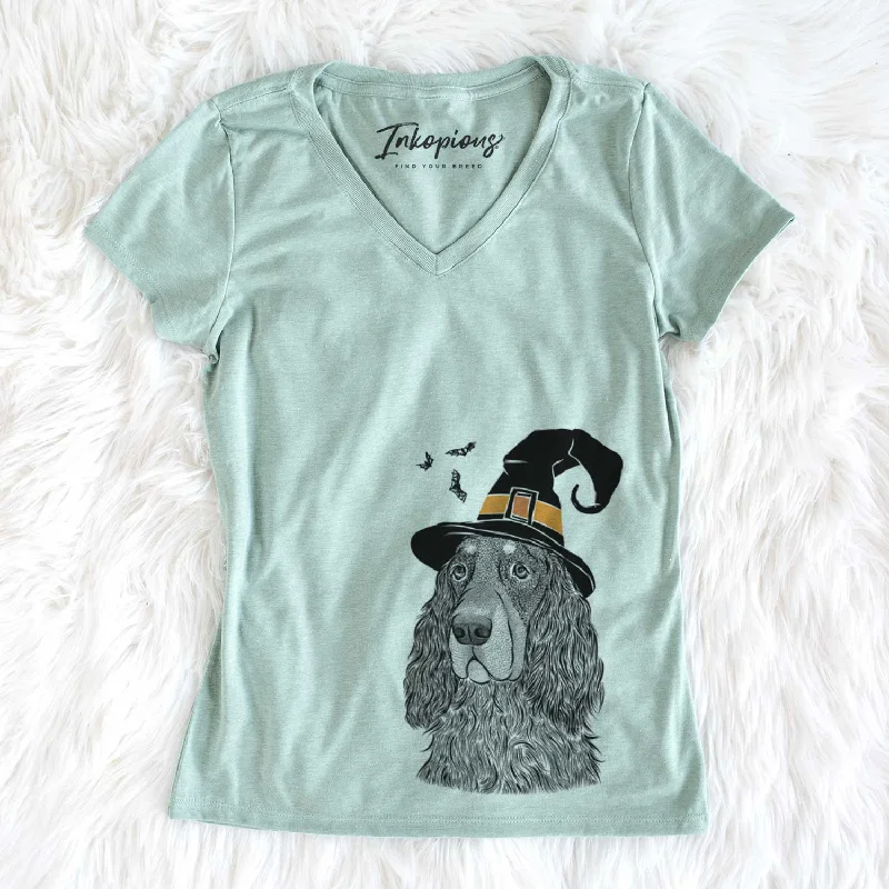 Witch Stormy the Gordon Setter - Women's V-neck Shirt-- Spandex Blend Rayon Blend Denim Blend