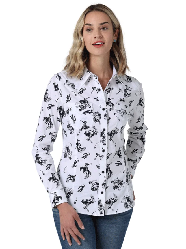 Wrangler 112330046 Womens Retro Western Shirt White-- Print Jacquard Patchwork