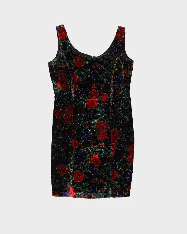 1990s Floral Patterned Velvet Mini Dress - S Comfortable Ruffle Mini Dress