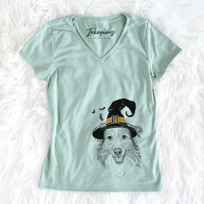 Witch Hattie the Australian Shepherd - Women's V-neck Shirt-- Terry Blend Velvet Blend Canvas Blend