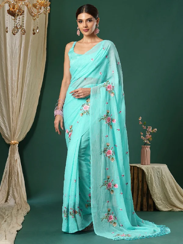 Women's Chiffon Light Blue Embroidered Designer Saree With Blouse Piece Embroidered Cotton Blouse