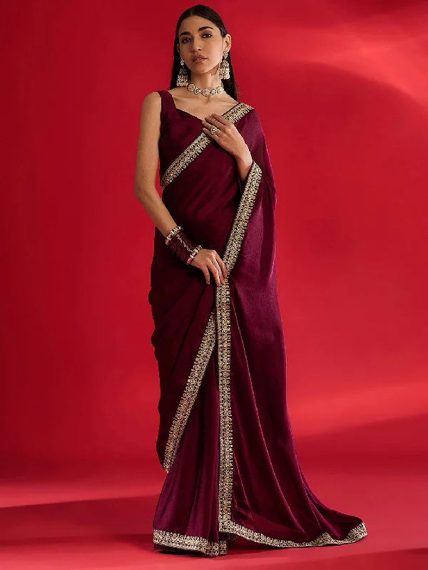 Women's Satin Magenta Embellished Designer Saree With Blouse Piece Subtle Shimmer Blouse
