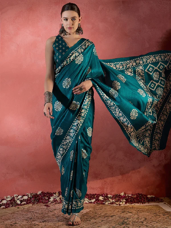 Women's Cotton Blend Blue Printed Designer Saree With Blouse Piece Embroidered Cotton Blouse