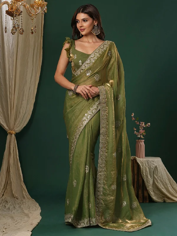 Women's Satin Silk Light Green Embroidered Designer Saree With Blouse Piece Double-Layered Blouse