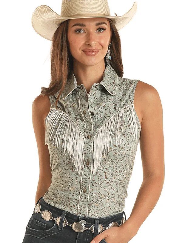 Rock & Roll Denim BWN0S03300 Womens Sleeveless Snap With Fringe Shirt Jade-- Collared Crew Neck Turtle Neck