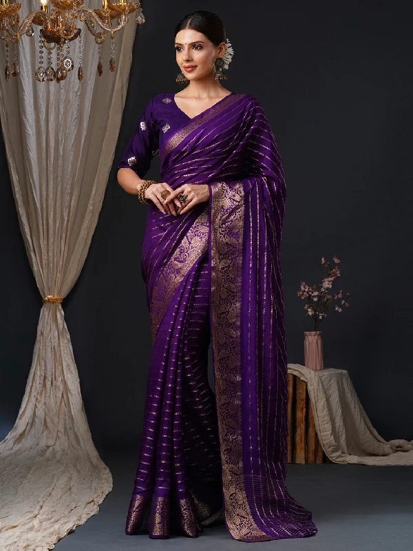 Women's Viscose Purple Woven Design Designer Saree With Blouse Piece Boho Chic Blouse
