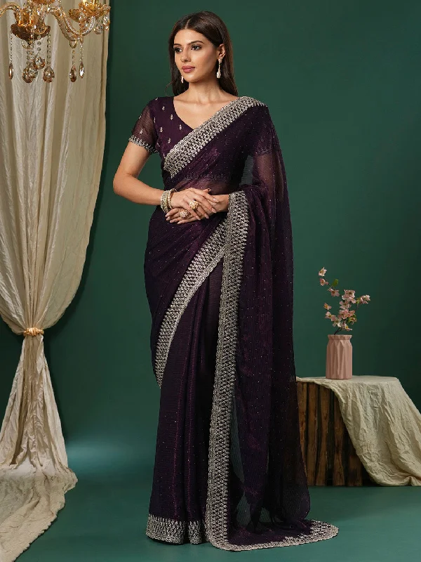 Women's Georgette Magenta Embroidered Designer Saree With Blouse Piece Smart Business Blouse