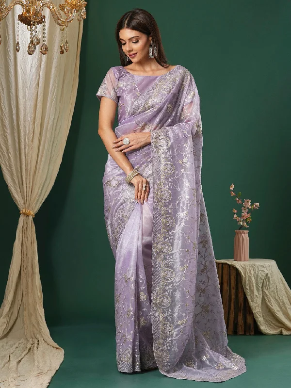 Women's Organza Lavender Embroidered Designer Saree With Blouse Piece Textured Cotton Blouse