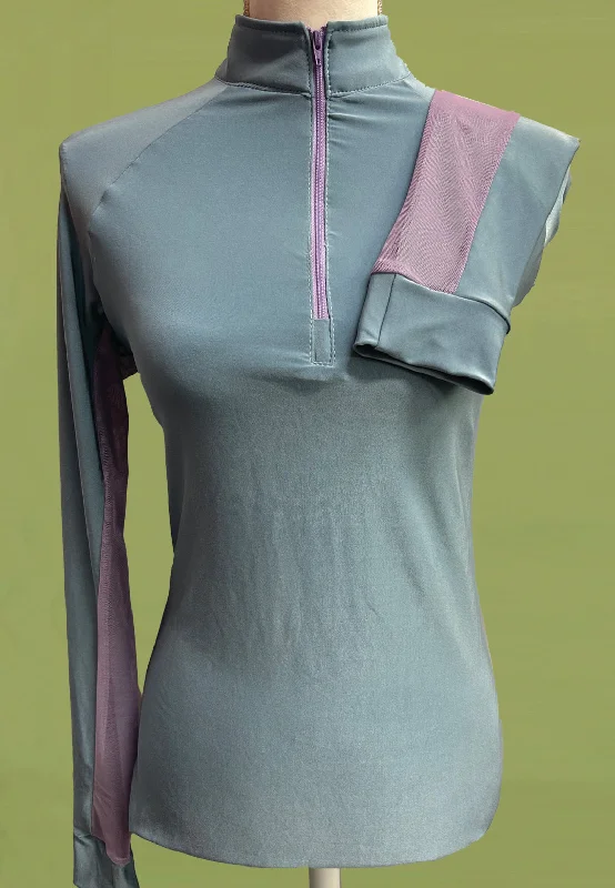 It's a Haggerty's Womens LS Sun Shirt -  Slate Blue with Lavender Vents + Zip, M-- Machine Wash Dry Clean Hand Wash