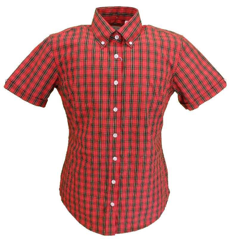 Relco Retro Red Tartan Ladies Button Down Short Sleeved Shirts-- Lace Blend Ribbed Blend Corduroy Blend