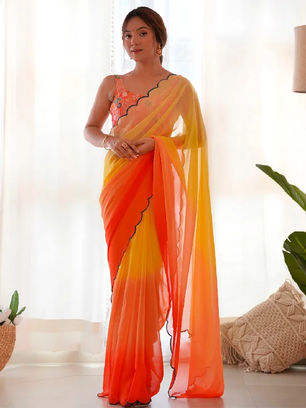 Women's Georgette Orange Embellished Designer Saree With Blouse Piece Lightweight Floral Blouse