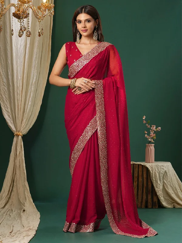 Women's Chiffon Pink Embroidered Designer Saree With Blouse Piece Balloon Sleeve Blouse