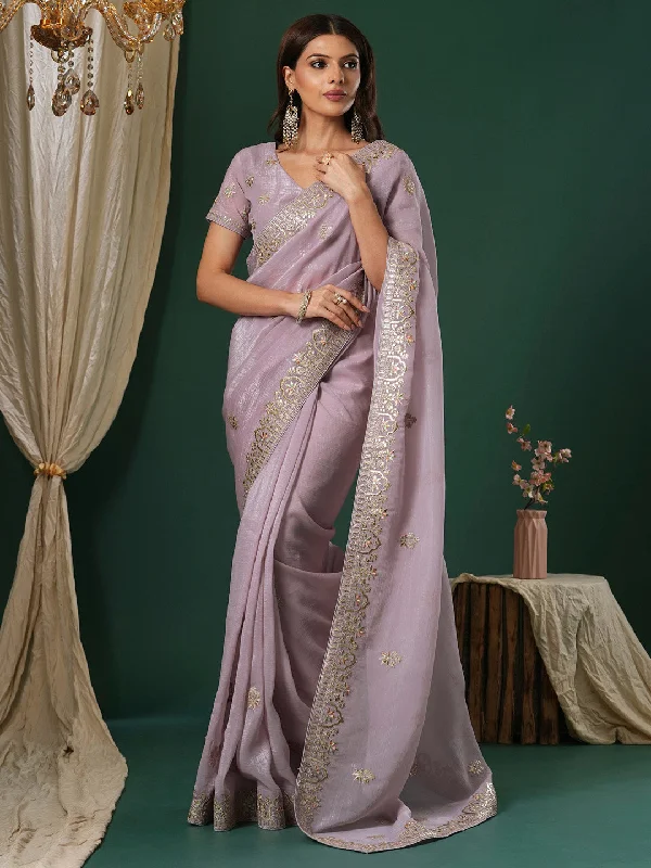 Women's Satin Silk Lavender Embroidered Designer Saree With Blouse Piece High Neck Blouse