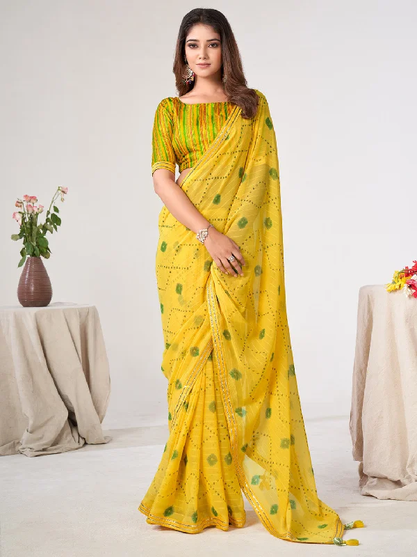 Women's Georgette Yellow Embellished Designer Saree With Blouse Piece Ruched Sleeve Blouse