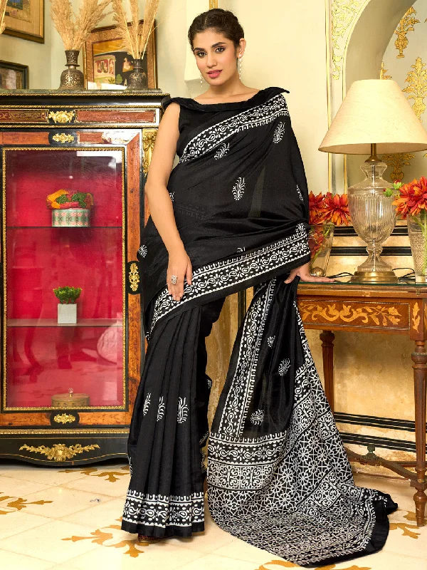 Women's Bhagalpuri Silk Black Printed Designer Saree With Blouse Piece Modern Work Blouse