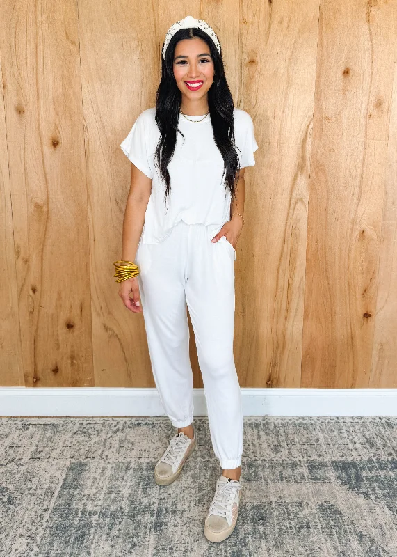 Short Sleeve Tshirt Jumpsuit in White-- Machine Wash Dry Clean Hand Wash
