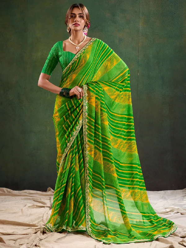 Women's Pure Chiffon Green Embellished Designer Saree With Blouse Piece Romantic Lace Blouse