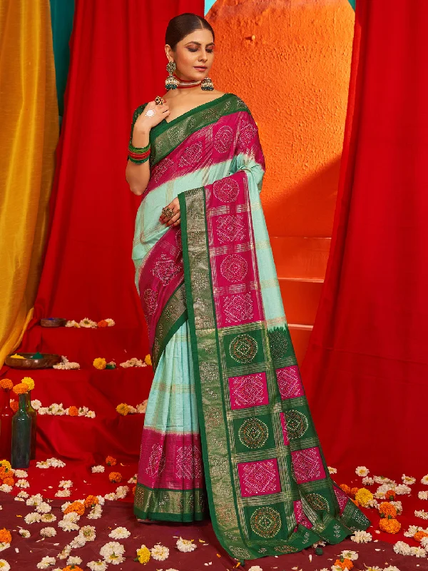 Women's Tussar Silk Green Woven Design Designer Saree With Blouse Piece Loose Fit Blouse