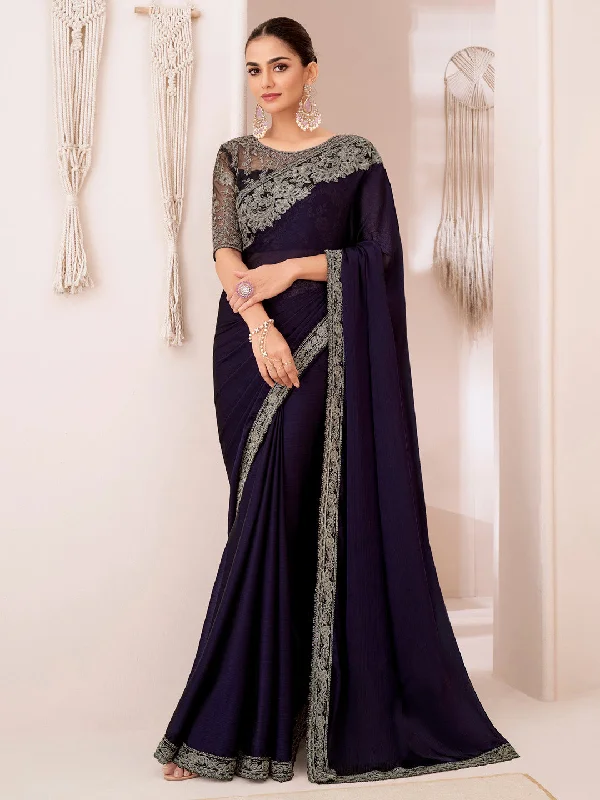 Women's Pure Georgette Black Embellished Designer Saree With Blouse Piece Sheer Mesh Blouse