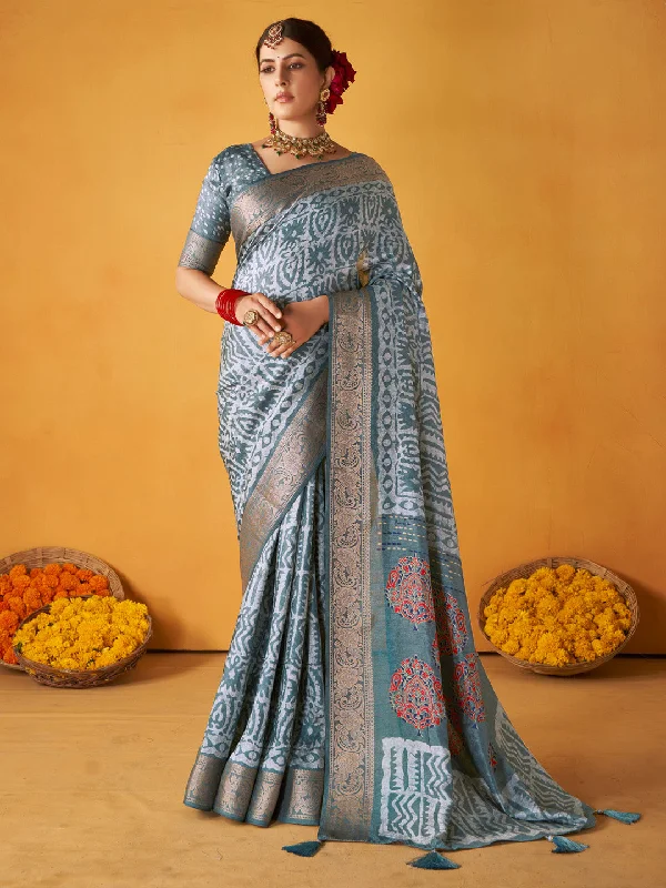 Women's Tussar Silk Grey Printed Designer Saree With Blouse Piece Chic Off-Shoulder Blouse