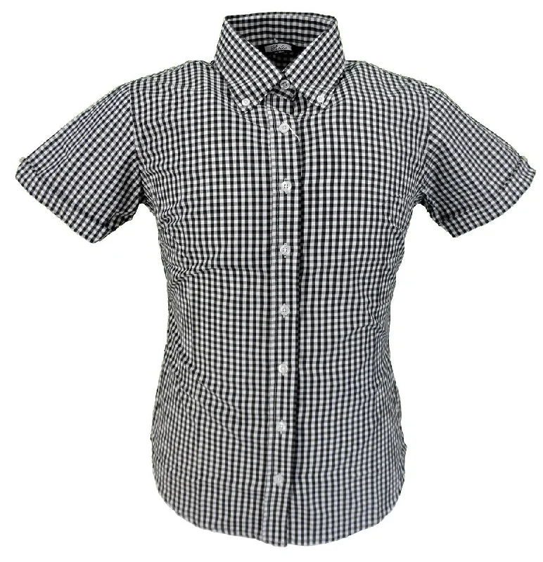 Relco Retro Black Gingham Ladies Button Down Short Sleeved Shirts-- Satin Blend Silk Blend Wool Blend