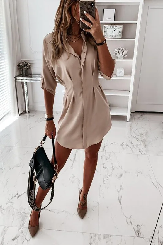 Solid Color Shirt Collar Mini Dreess-- Spandex Blend Rayon Blend Denim Blend
