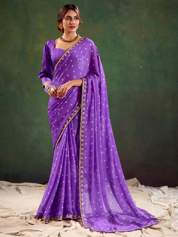 Women's Pure Chiffon Purple Embellished Designer Saree With Blouse Piece Asymmetric Hem Blouse