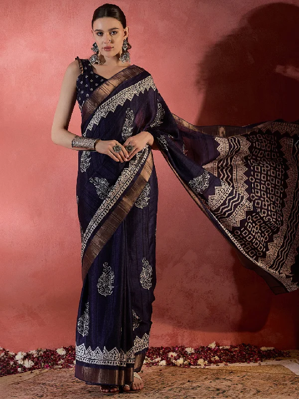 Women's Silk Blend Purple Printed Designer Saree With Blouse Piece Sweetheart Neck Blouse