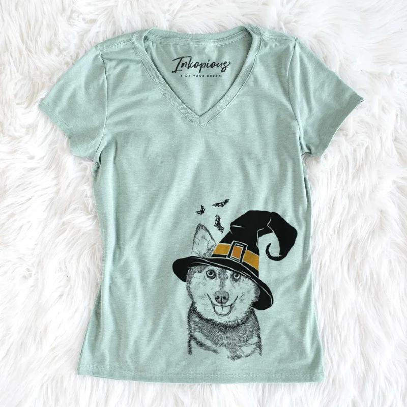 Witch Tellie the Alaskan Klee Kai - Women's V-neck Shirt-- Zippered Buttoned Snapped
