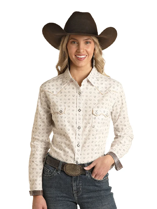 Panhandle RSWSOSR0EQ Womens Horseshoe Snap Shirt Taupe-- Hooded Caped Shawl Collar