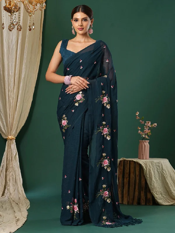 Women's Chiffon Teal blue Embroidered Designer Saree With Blouse Piece Side Tie Blouse