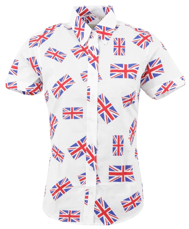 Relco Ladies Retro Union Jack Button Down Short Sleeved Shirts-- Lace Blend Ribbed Blend Corduroy Blend
