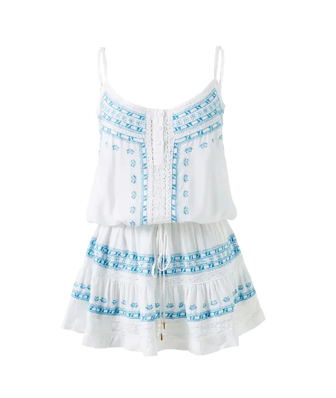 Luxury White Summer Mini Dress - Boho Karen Dress White/Aqua Trendy Mesh Mini Dress