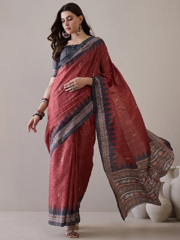 Women's Silk Blend Grey Printed Designer Saree With Blouse Piece Vintage Polka Blouse