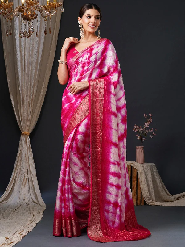 Women's Viscose Pink Woven Design Designer Saree With Blouse Piece Floral Chiffon Blouse
