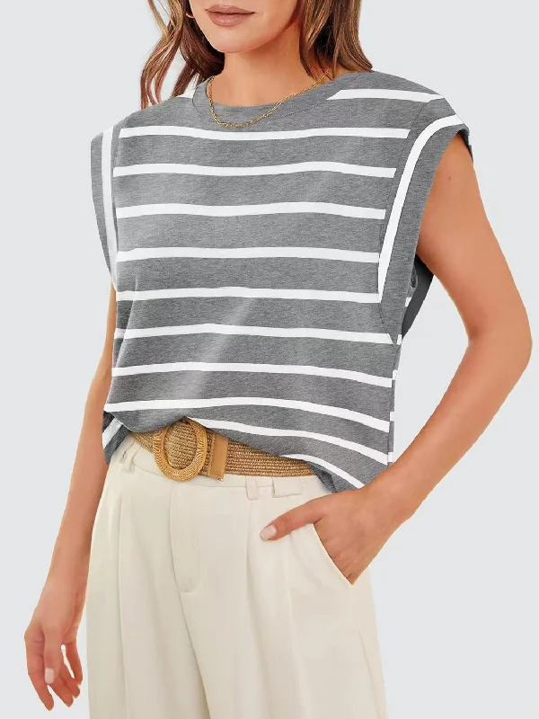 Striped Cap Sleeve T-Shirt-- Anti-Pilling Machine Wash Handmade