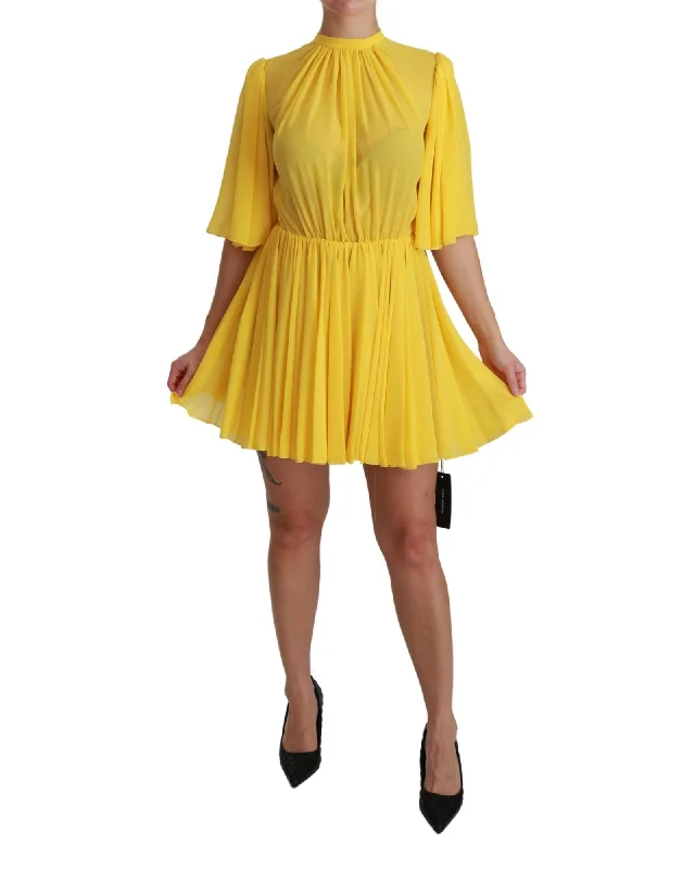 Dolce & Gabbana  Yellow Pleated Mini Dress Trendy Button-Detail Mini Dress