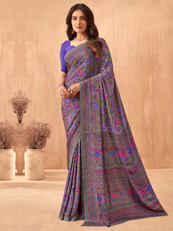 Women's Crepe Purple Printed Designer Saree With Blouse Piece Elegant Silk Blouse