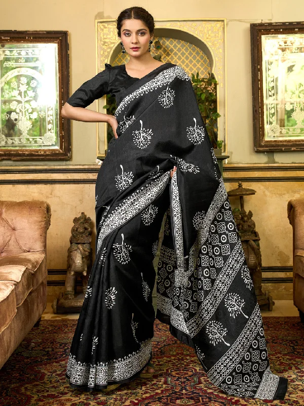 Women's Bhagalpuri Silk Black Printed Designer Saree With Blouse Piece Smart Casual Blouse