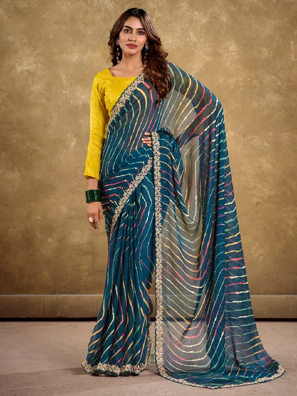 Women's Pure Chiffon Yellow Embellished Designer Saree With Blouse Piece Backless Summer Blouse